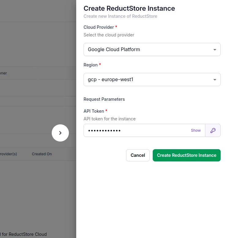 Create ReductStore Instance Dialog